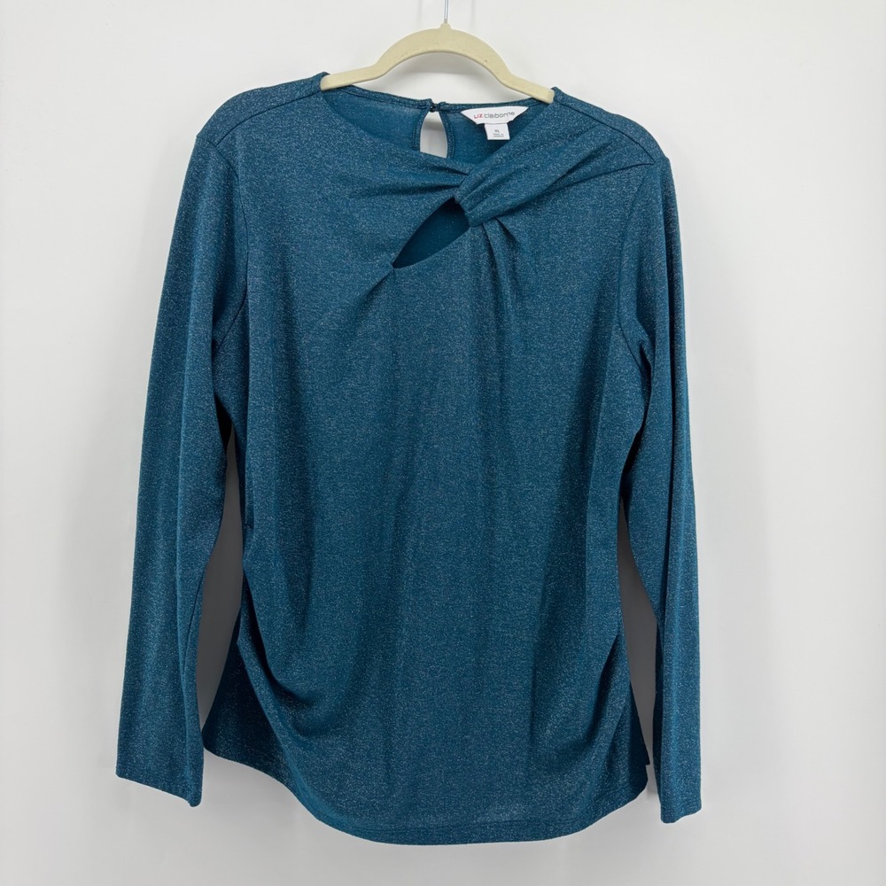 Liz Claiborne Womens XL Teal Blue Blouse Metallic Twist Front Keyhole Shimmer